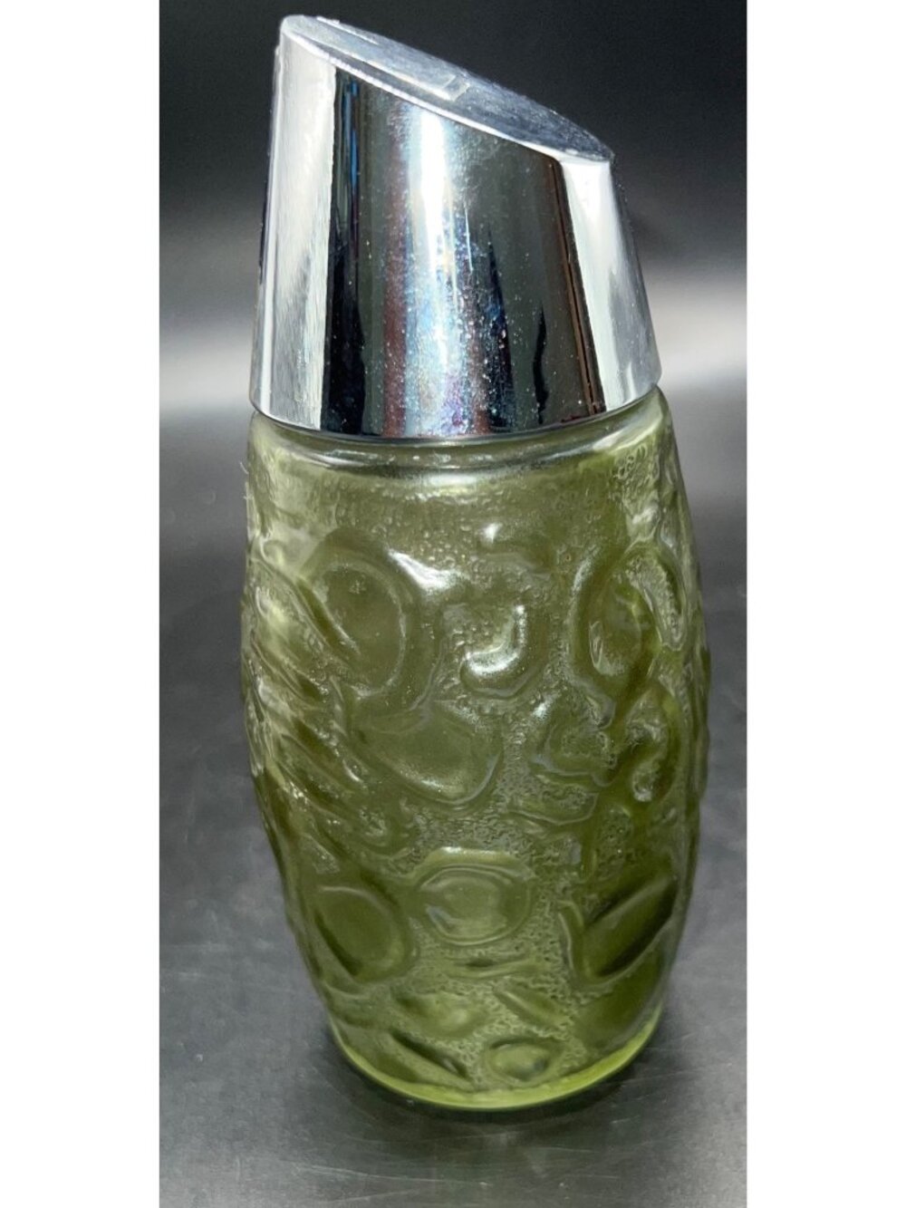 Vintage Gemco Green Glass Sugar Shaker Chrome Lid Embossed Textured Design Retro
